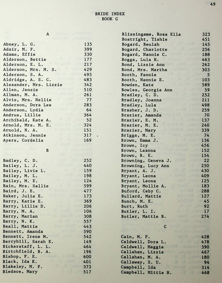 sample bride index